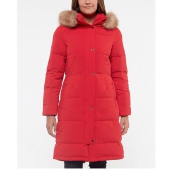 NEW KATE SPADE New York Long Parka Puffer Down Coat Faux Fur Hood Red Med